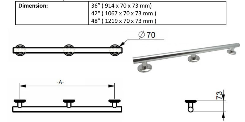 stainless steel bathroom grab bar 3 post size